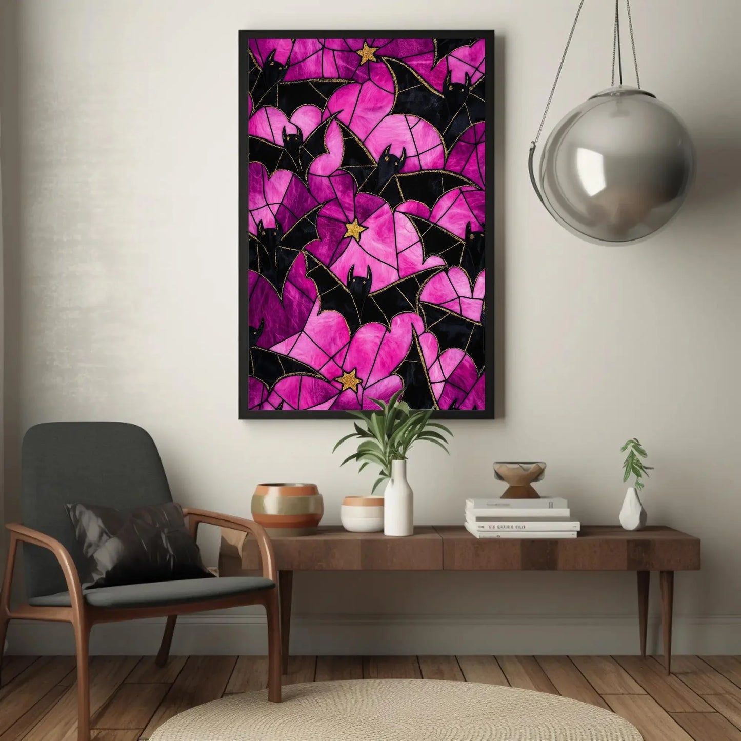 Bats and Stained Glass Spider Web Effect Canvas Print, Halloween Wall Art, Gothic Spooky Decor for Living Room or Entryway, Ready to Hang Wall Art – Canvas Print