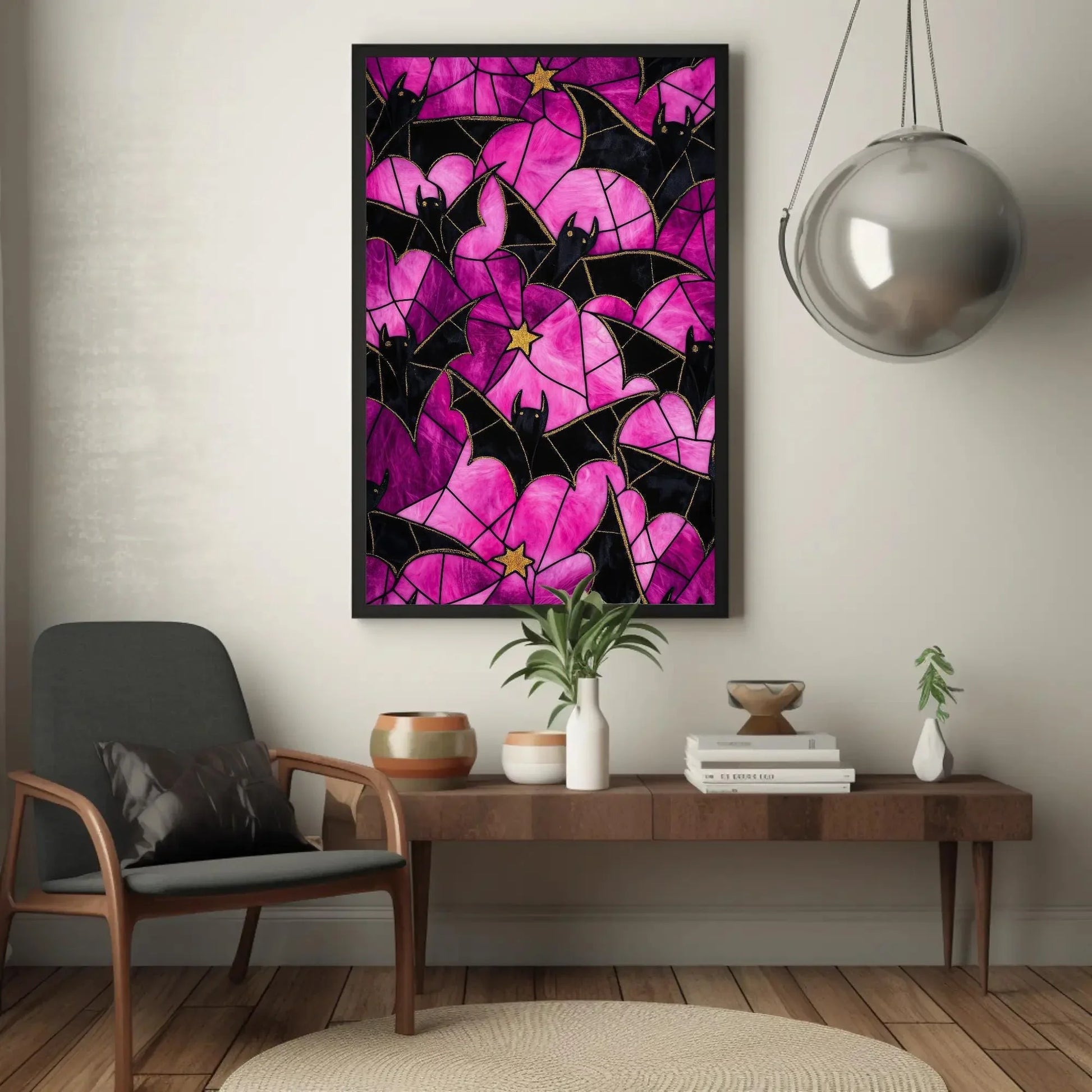 Bats and Stained Glass Spider Web Effect Canvas Print, Halloween Wall Art, Gothic Spooky Decor for Living Room or Entryway, Ready to Hang Wall Art – Canvas Print