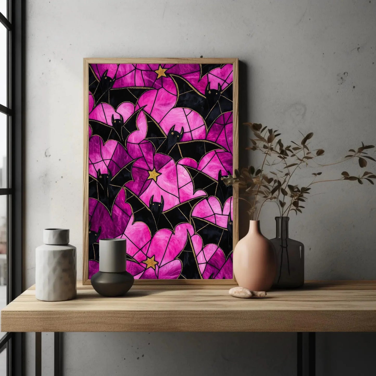 Bats and Stained Glass Spider Web Effect Canvas Print, Halloween Wall Art, Gothic Spooky Decor for Living Room or Entryway, Ready to Hang Wall Art – Canvas Print