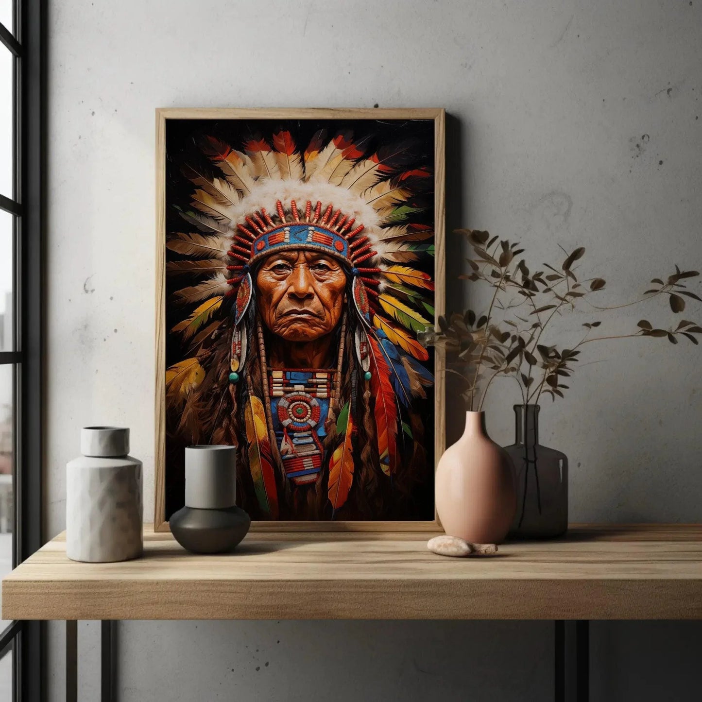 Indian Chief Canvas Art, Native American Indigenous Leader Painting, Colorful Wall Decor, Ready to Hang for Living Room, Bedroom, Office Wall Art – Canvas Print