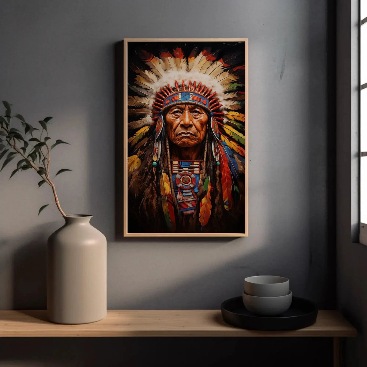 Indian Chief Canvas Art, Native American Indigenous Leader Painting, Colorful Wall Decor, Ready to Hang for Living Room, Bedroom, Office Wall Art – Canvas Print