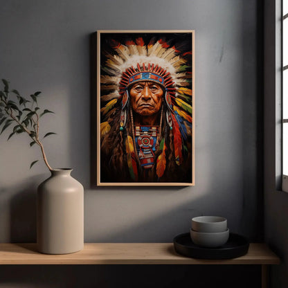 Indian Chief Canvas Art, Native American Indigenous Leader Painting, Colorful Wall Decor, Ready to Hang for Living Room, Bedroom, Office Wall Art – Canvas Print