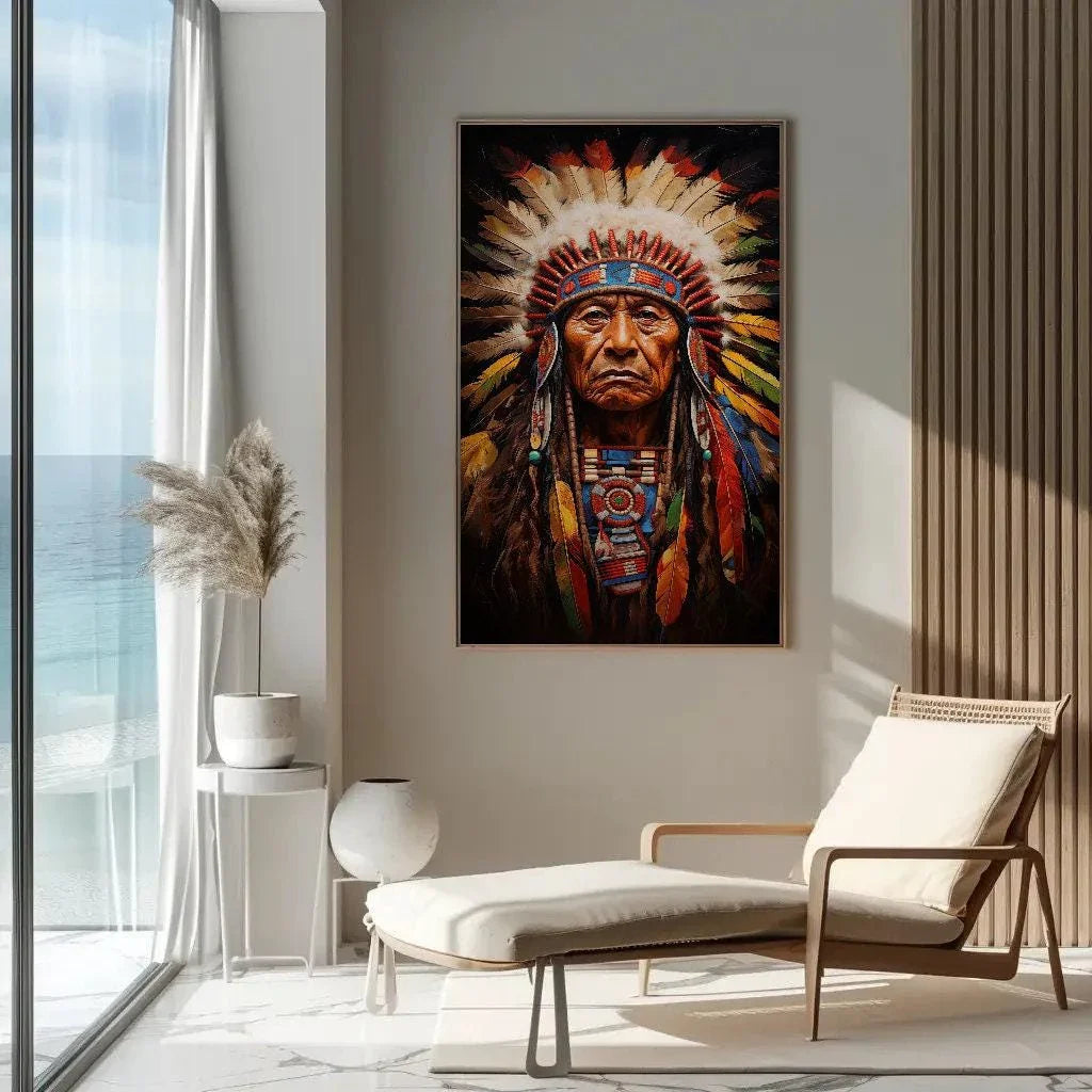 Indian Chief Canvas Art, Native American Indigenous Leader Painting, Colorful Wall Decor, Ready to Hang for Living Room, Bedroom, Office Wall Art – Canvas Print