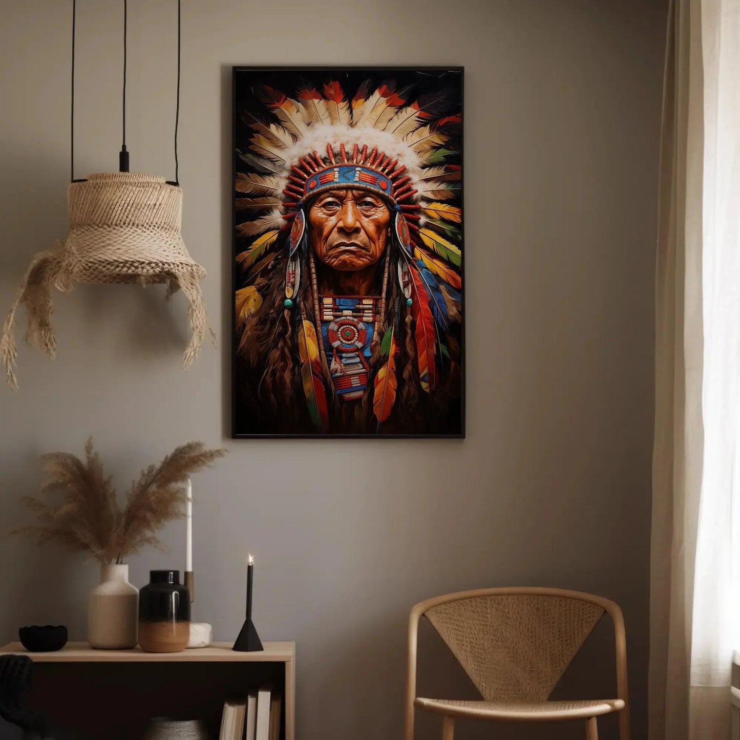 Indian Chief Canvas Art, Native American Indigenous Leader Painting, Colorful Wall Decor, Ready to Hang for Living Room, Bedroom, Office Wall Art – Canvas Print