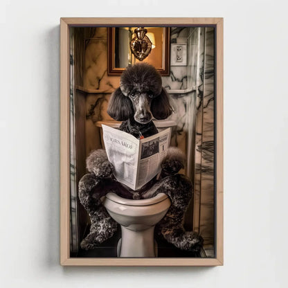 Black Poodle Dog Reading Newspaper on Toilet Canvas Print - Toilet Humor - Whimsical Bathroom Art - Funny Animal Print - HQ Ready to Hang Wall Art – Canvas Print