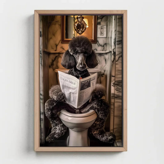 Black Poodle Dog Reading Newspaper on Toilet Canvas Print - Toilet Humor - Whimsical Bathroom Art - Funny Animal Print - HQ Ready to Hang Wall Art – Canvas Print