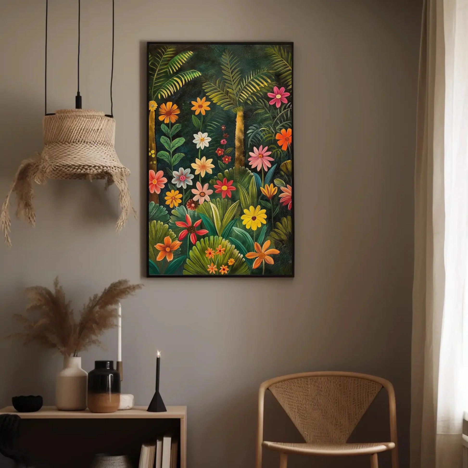 Stunning Tropical Forest with Vibrant Flowers Canvas Print, Framed Wall Art, Nature Inspired Home Decor, Large Ready to Hang Artwork Wall Art – Canvas Print