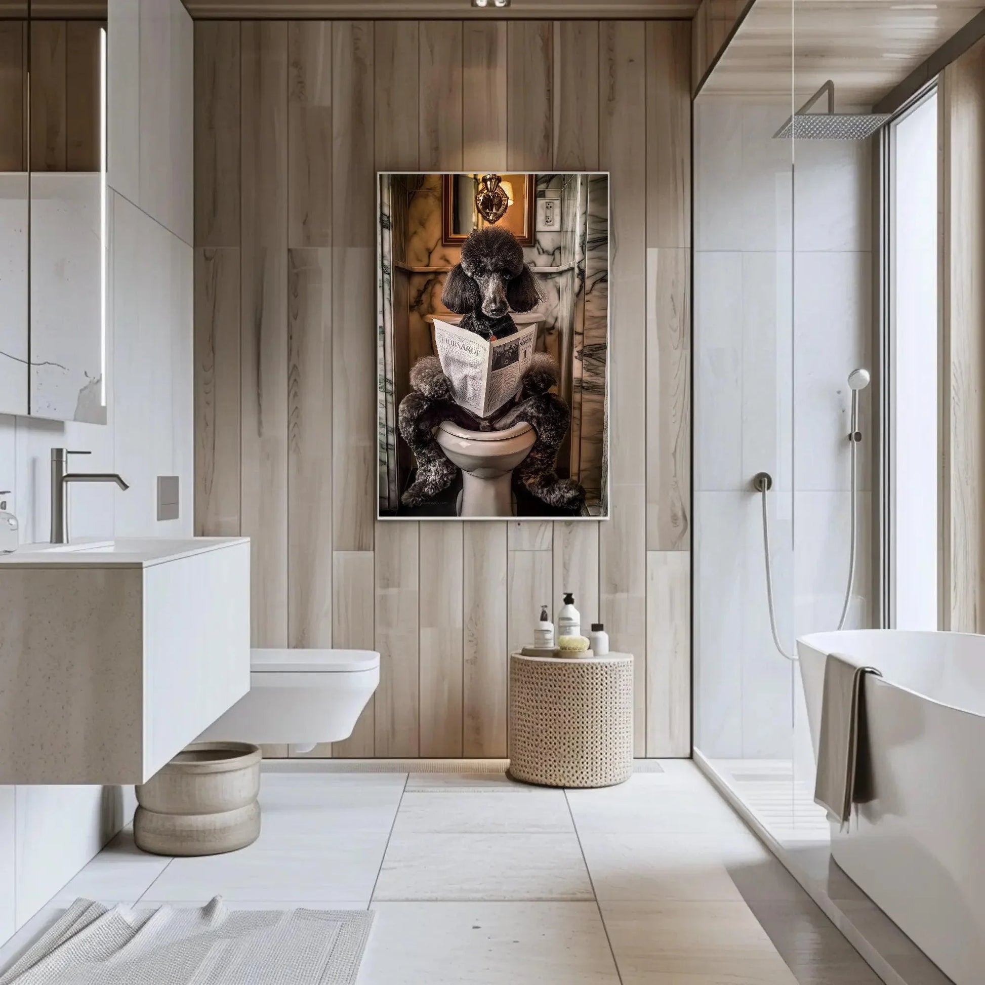 Black Poodle Dog Reading Newspaper on Toilet Canvas Print - Toilet Humor - Whimsical Bathroom Art - Funny Animal Print - HQ Ready to Hang Wall Art – Canvas Print