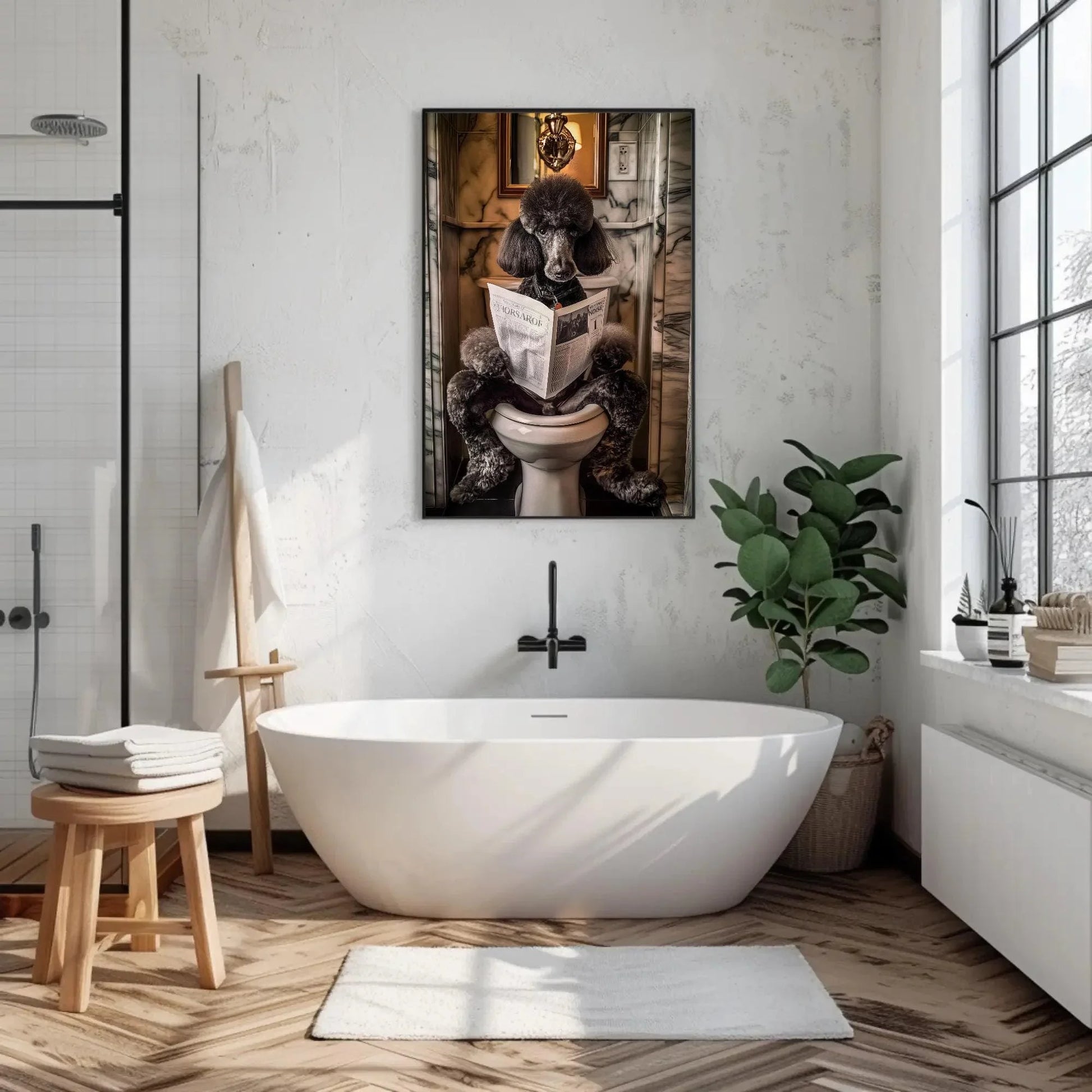 Black Poodle Dog Reading Newspaper on Toilet Canvas Print - Toilet Humor - Whimsical Bathroom Art - Funny Animal Print - HQ Ready to Hang Wall Art – Canvas Print