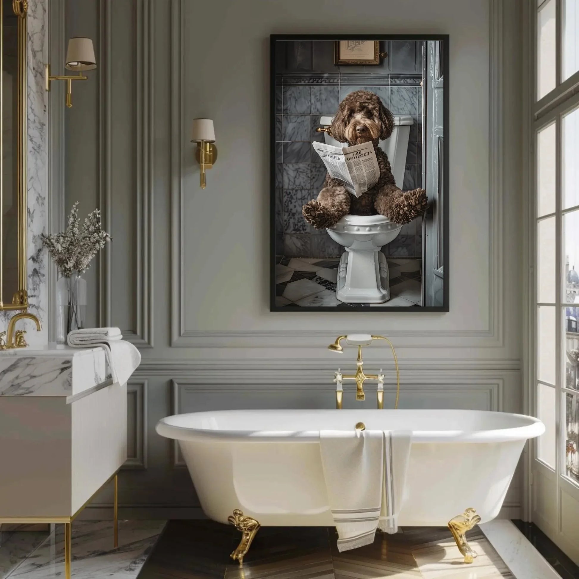 Chocolate Doodle Dog sitting on toilet reading newspaper canvas print, Toilet humour, Bathroom art, Anniversary gift, Restroom decor gift Wall Art – Canvas Print