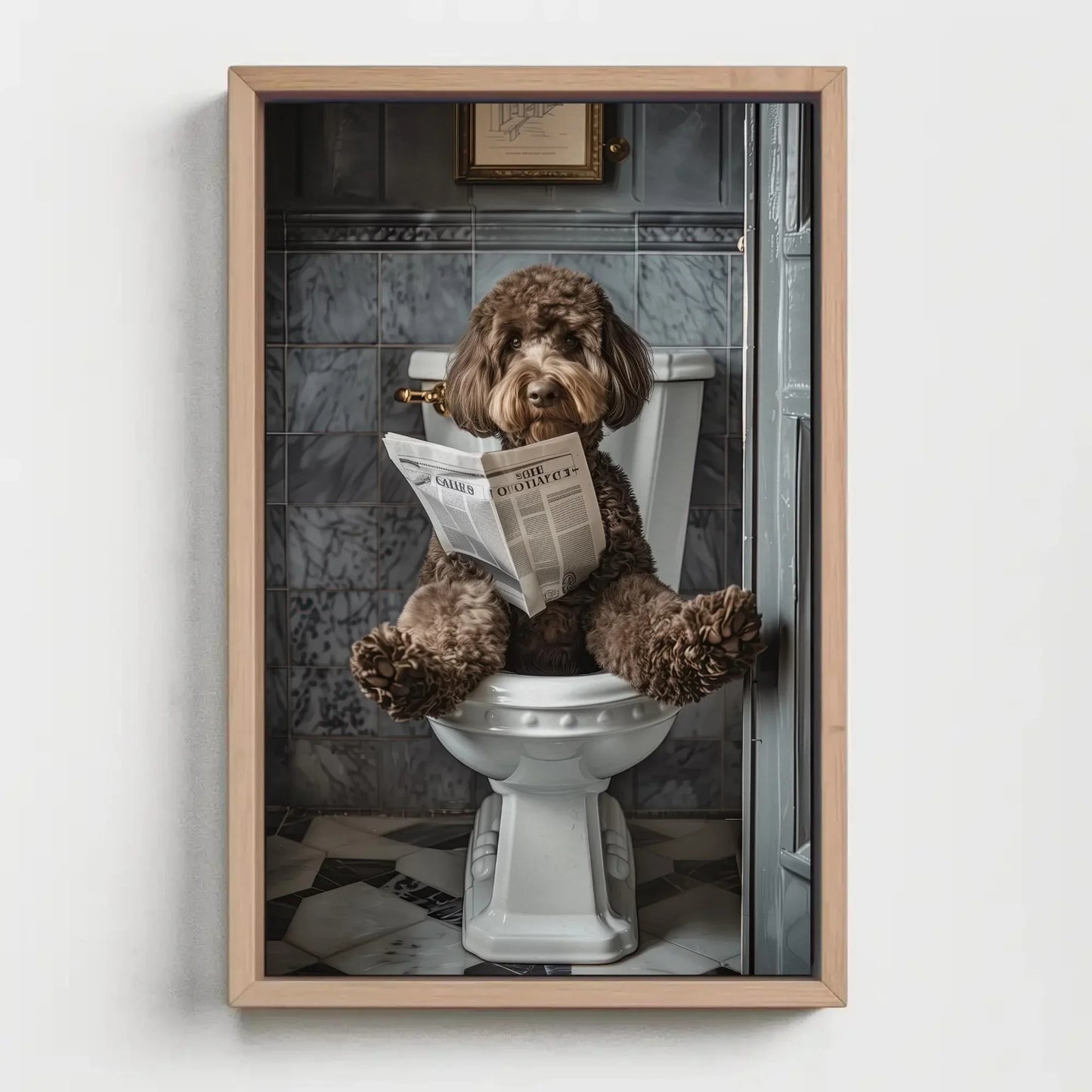 Chocolate Doodle Dog sitting on toilet reading newspaper canvas print, Toilet humour, Bathroom art, Anniversary gift, Restroom decor gift Wall Art – Canvas Print