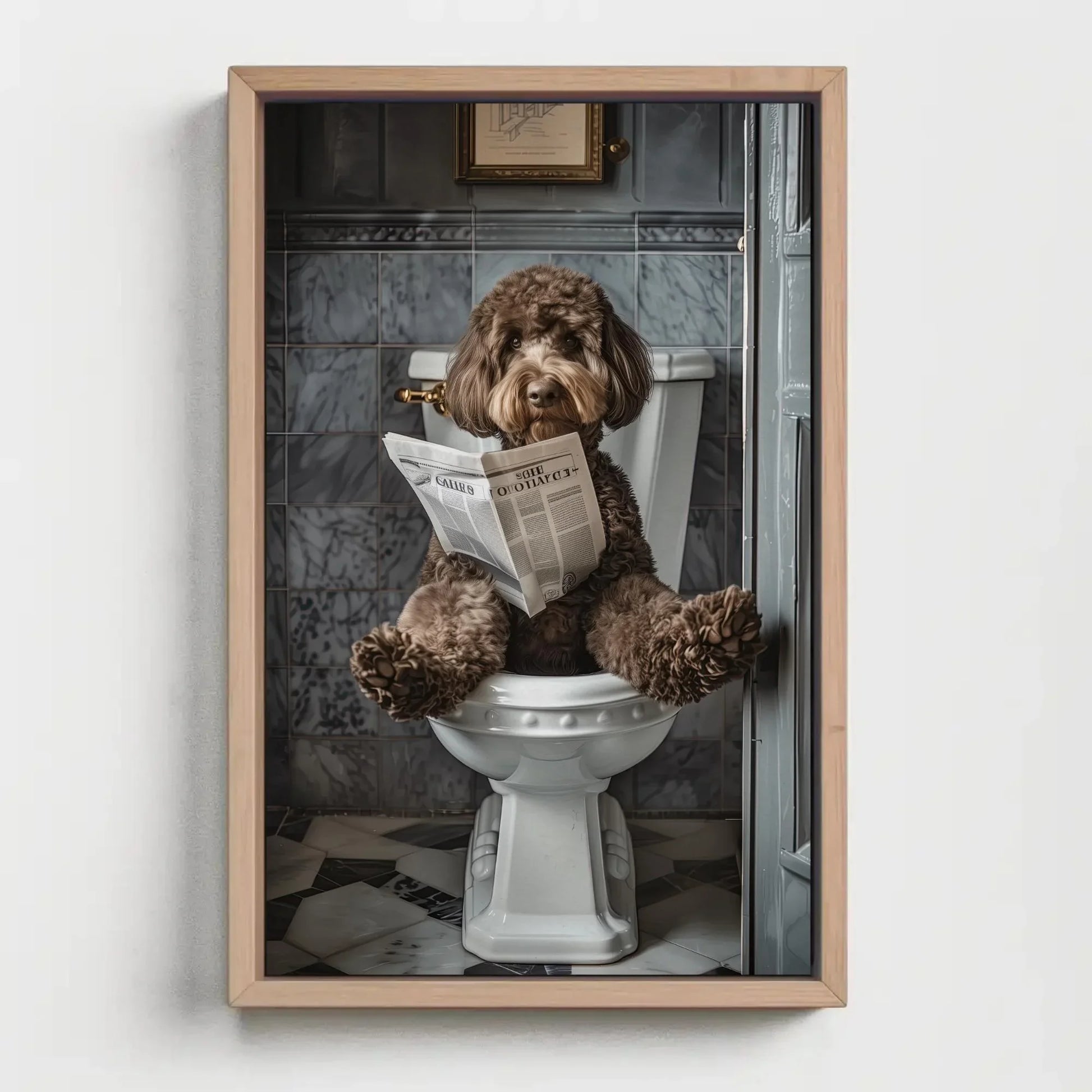 Chocolate Doodle Dog sitting on toilet reading newspaper canvas print, Toilet humour, Bathroom art, Anniversary gift, Restroom decor gift Wall Art – Canvas Print