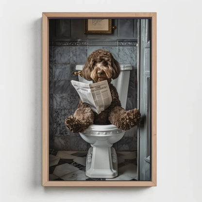 Chocolate Doodle Dog sitting on toilet reading newspaper canvas print, Toilet humour, Bathroom art, Anniversary gift, Restroom decor gift Wall Art – Canvas Print
