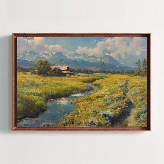 Meadow Vintage Landscape Oil Painting, Framed Canvas Print, Beautiful Landscape Print, Bedroom Decor, Living room, Mountain Rivers Field Wall Art – Canvas Print