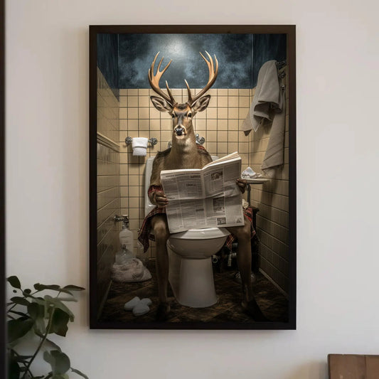 Deer With Antlers Reading Newspaper On The Toilet Animal Lovers Gift Canvas Painting Funny Bathroom Art Framed Print Toilet Humor Art Wall Art – Canvas Print