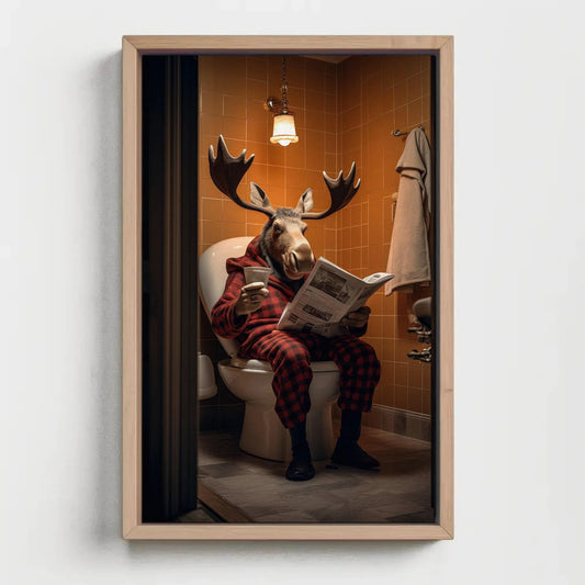Moose Sitting On The Toilet Seat Reading Newspaper Funny Bathroom Wall Art Gift Canvas Painting Framed Print Toilet Humor Gift For Him Wall Art – Canvas Print