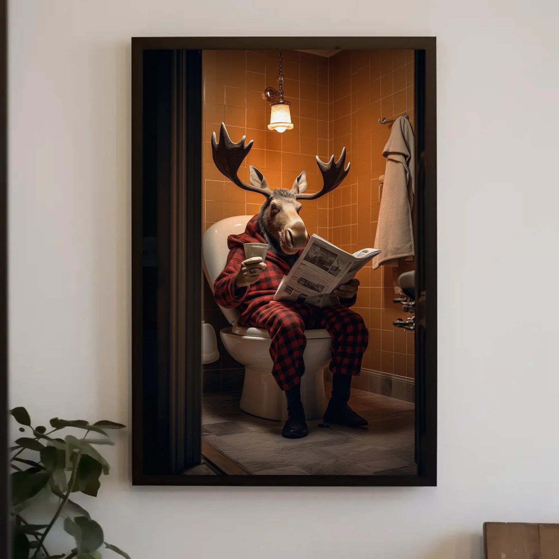 Moose Sitting On The Toilet Seat Reading Newspaper Funny Bathroom Wall Art Gift Canvas Painting Framed Print Toilet Humor Gift For Him Wall Art – Canvas Print