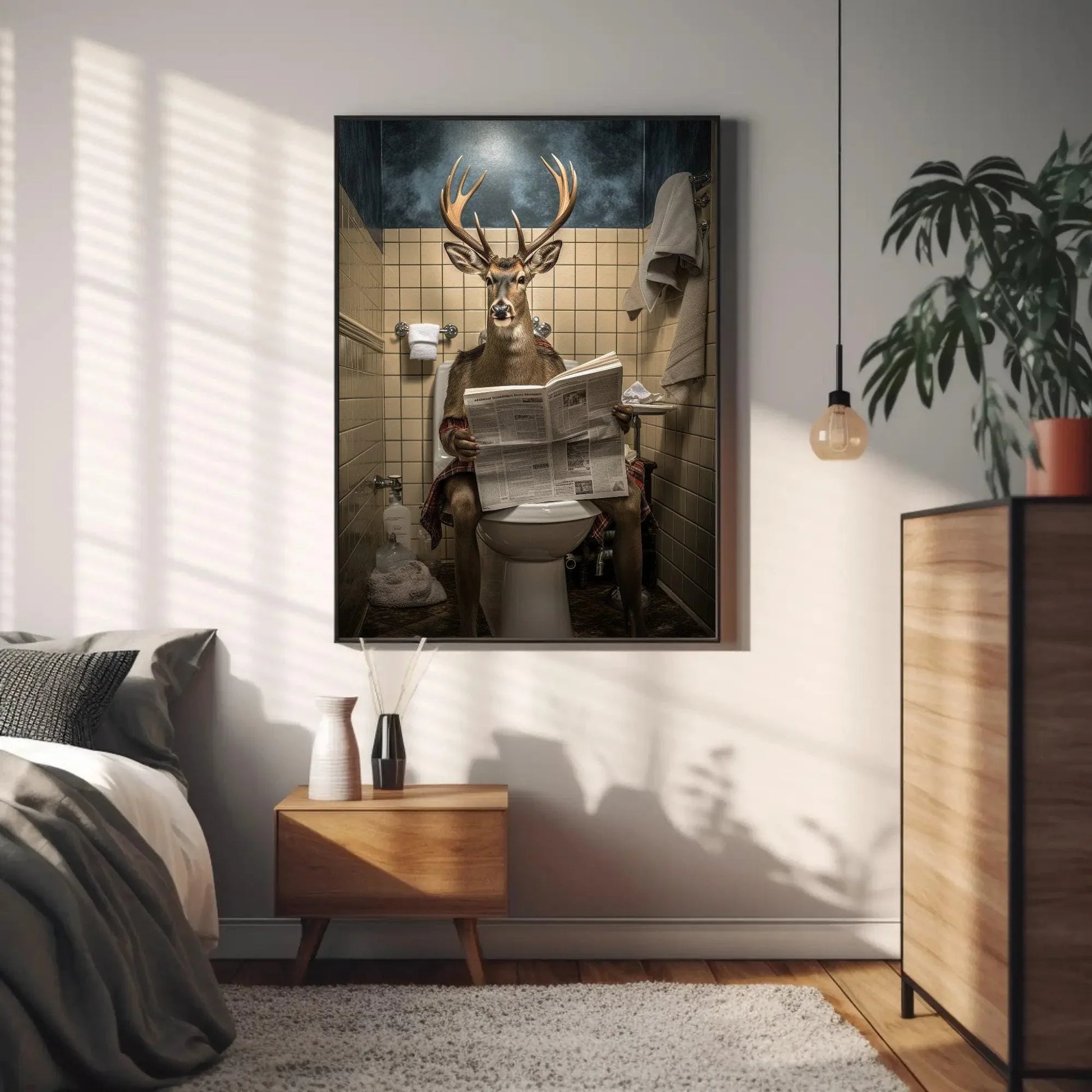 Deer With Antlers Reading Newspaper On The Toilet Animal Lovers Gift Canvas Painting Funny Bathroom Art Framed Print Toilet Humor Art Wall Art – Canvas Print