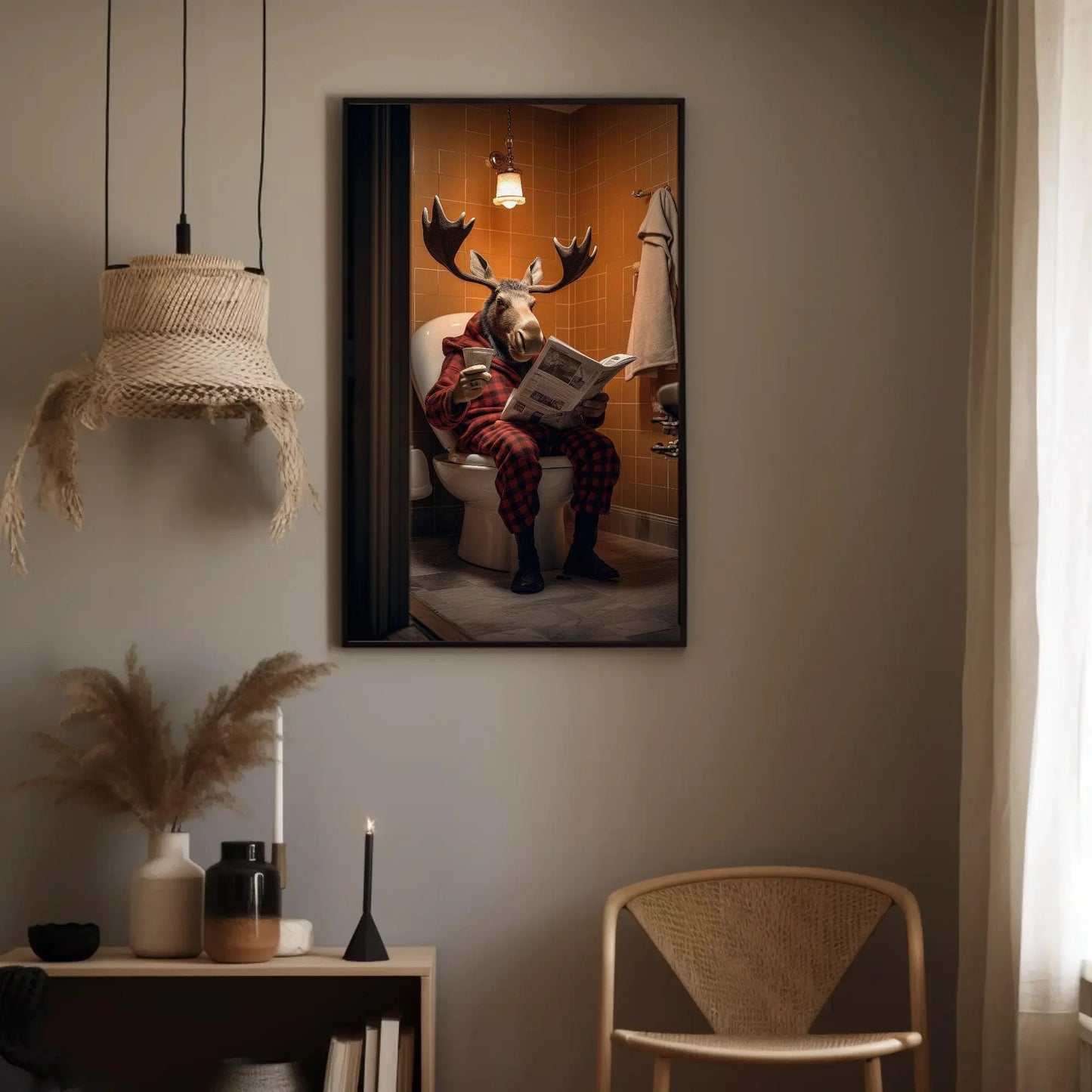Moose Sitting On The Toilet Seat Reading Newspaper Funny Bathroom Wall Art Gift Canvas Painting Framed Print Toilet Humor Gift For Him Wall Art – Canvas Print