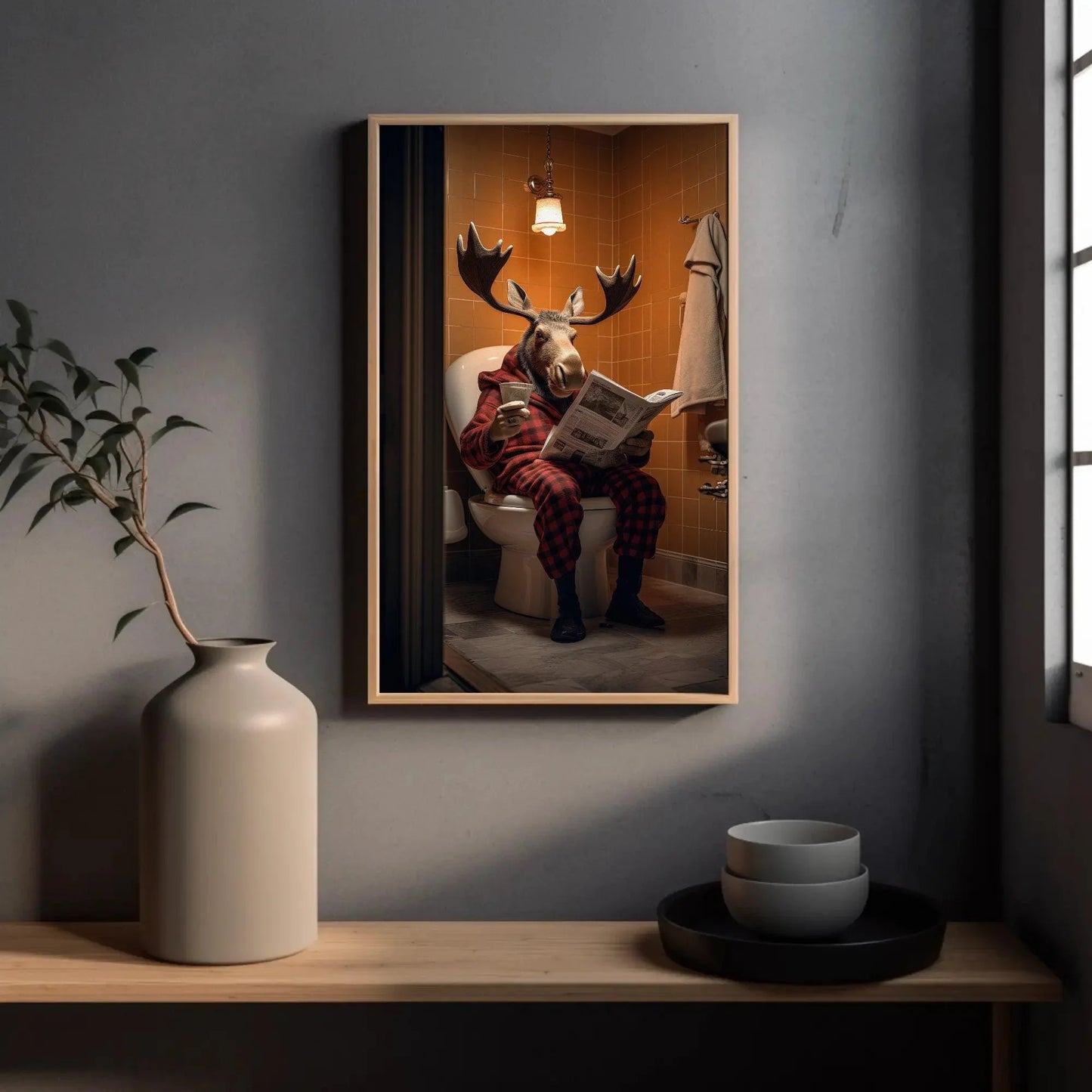 Moose Sitting On The Toilet Seat Reading Newspaper Funny Bathroom Wall Art Gift Canvas Painting Framed Print Toilet Humor Gift For Him Wall Art – Canvas Print
