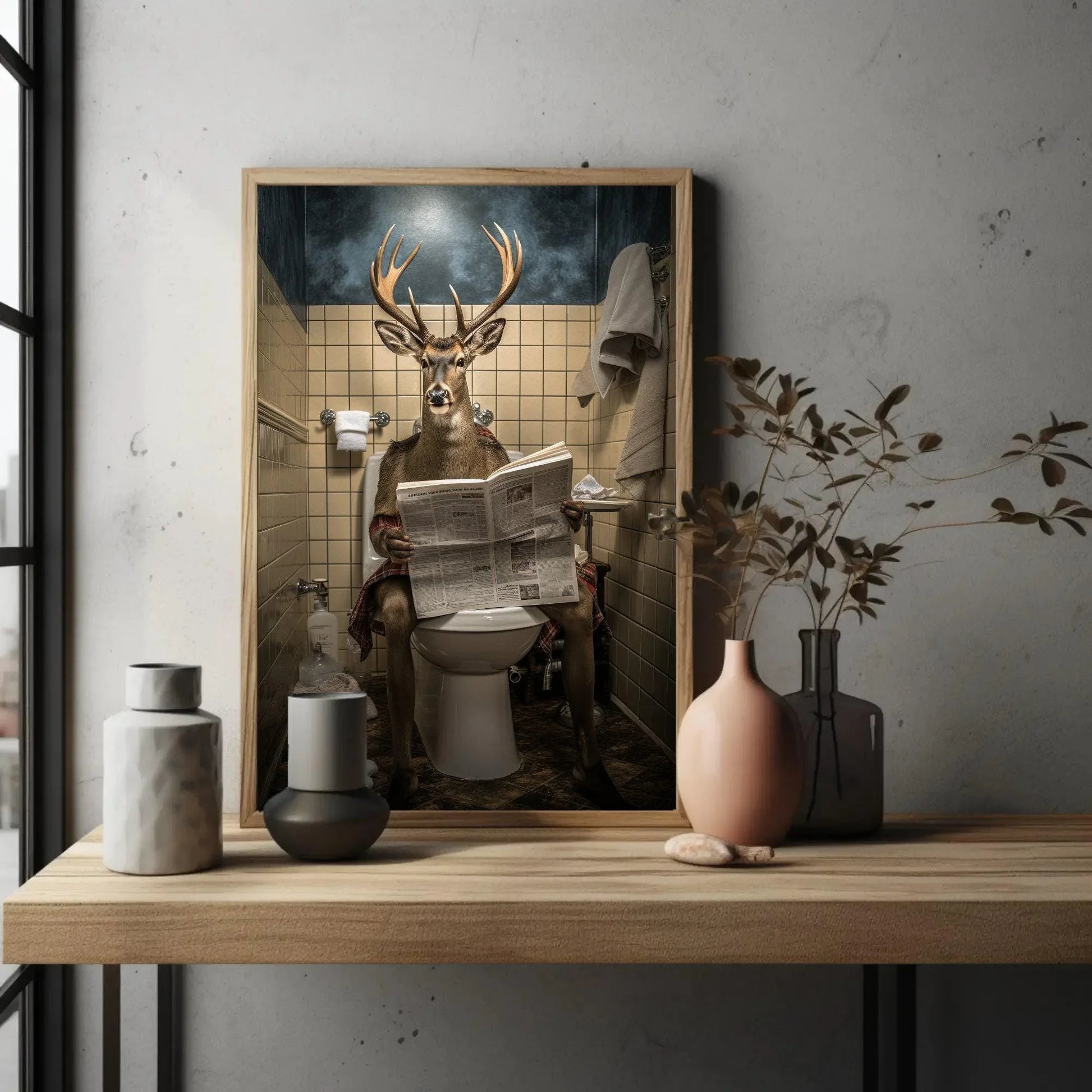 Deer With Antlers Reading Newspaper On The Toilet Animal Lovers Gift Canvas Painting Funny Bathroom Art Framed Print Toilet Humor Art Wall Art – Canvas Print