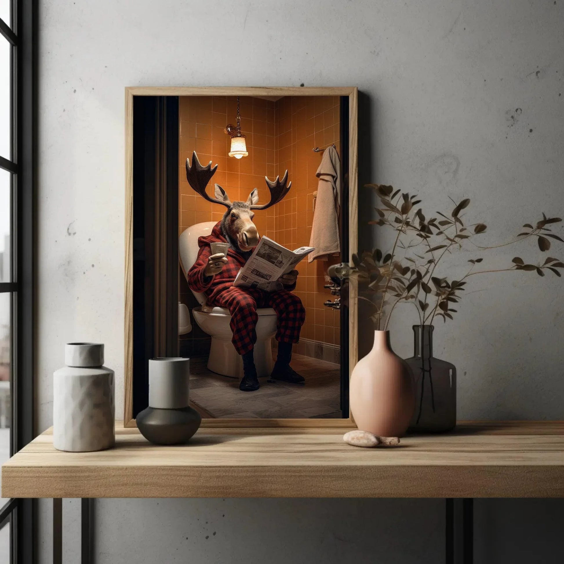 Moose Sitting On The Toilet Seat Reading Newspaper Funny Bathroom Wall Art Gift Canvas Painting Framed Print Toilet Humor Gift For Him Wall Art – Canvas Print