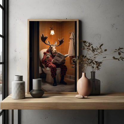 Moose Sitting On The Toilet Seat Reading Newspaper Funny Bathroom Wall Art Gift Canvas Painting Framed Print Toilet Humor Gift For Him Wall Art – Canvas Print