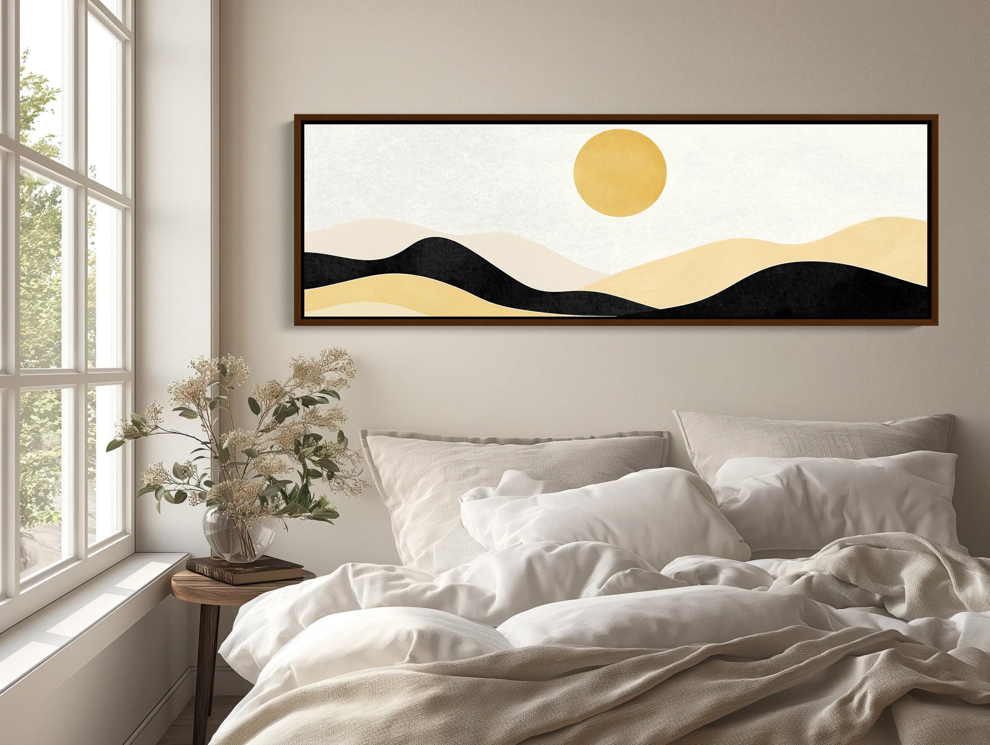 Boho Minimalist Mountain Landscape Canvas Art, Earth and Sand Tones Panoramic Wall Decor, Framed Boho Nature Art, Living Room, Ready to Hang Wall Art – Canvas Print