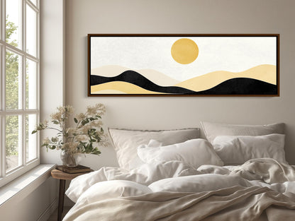 Boho Minimalist Mountain Landscape Canvas Art, Earth and Sand Tones Panoramic Wall Decor, Framed Boho Nature Art, Living Room, Ready to Hang Wall Art – Canvas Print