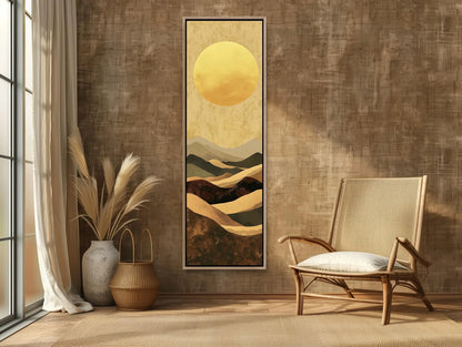 Boho Minimalist Mountain Landscape Canvas Art, Earth and Sand Tones Long Vertical Wall Decor, Framed Bohemian Art for Living Room, Bedroom Wall Art – Canvas Print
