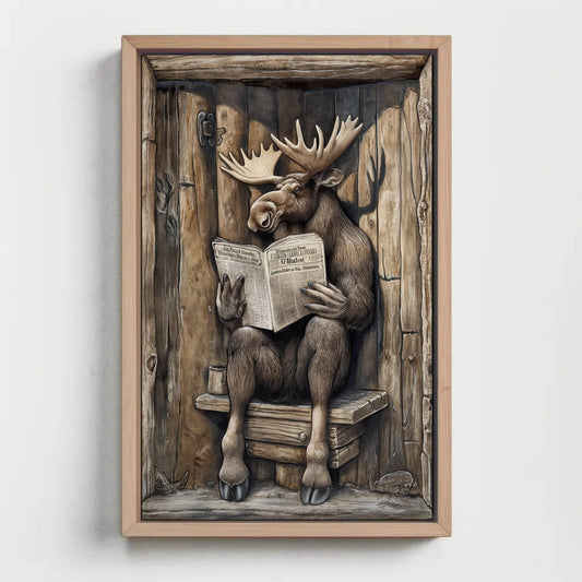Moose sitting on a toilet reading newspaper canvas print, moose wall art, funny bathroom art, animals on toilet, rustic decor, toilet humor Wall Art – Canvas Print