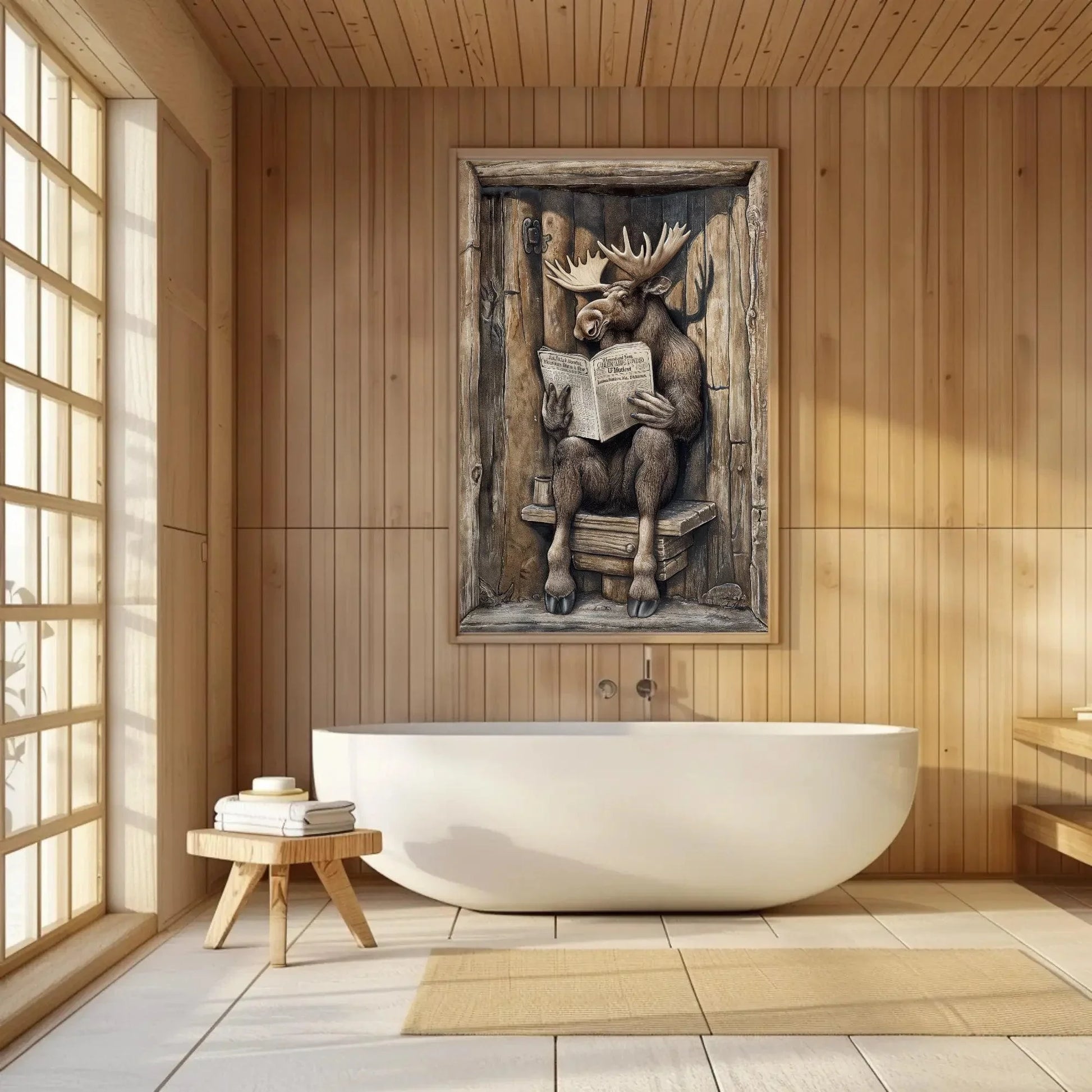 Moose sitting on a toilet reading newspaper canvas print, moose wall art, funny bathroom art, animals on toilet, rustic decor, toilet humor Wall Art – Canvas Print
