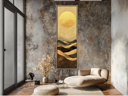 Boho Minimalist Mountain Landscape Canvas Art, Earth and Sand Tones Long Vertical Wall Decor, Framed Bohemian Art for Living Room, Bedroom Wall Art – Canvas Print
