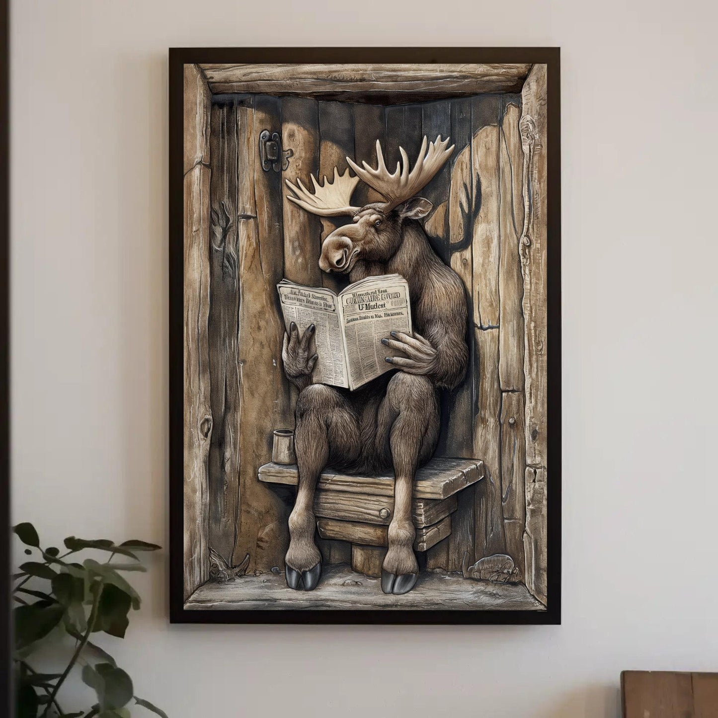 Moose sitting on a toilet reading newspaper canvas print, moose wall art, funny bathroom art, animals on toilet, rustic decor, toilet humor Wall Art – Canvas Print