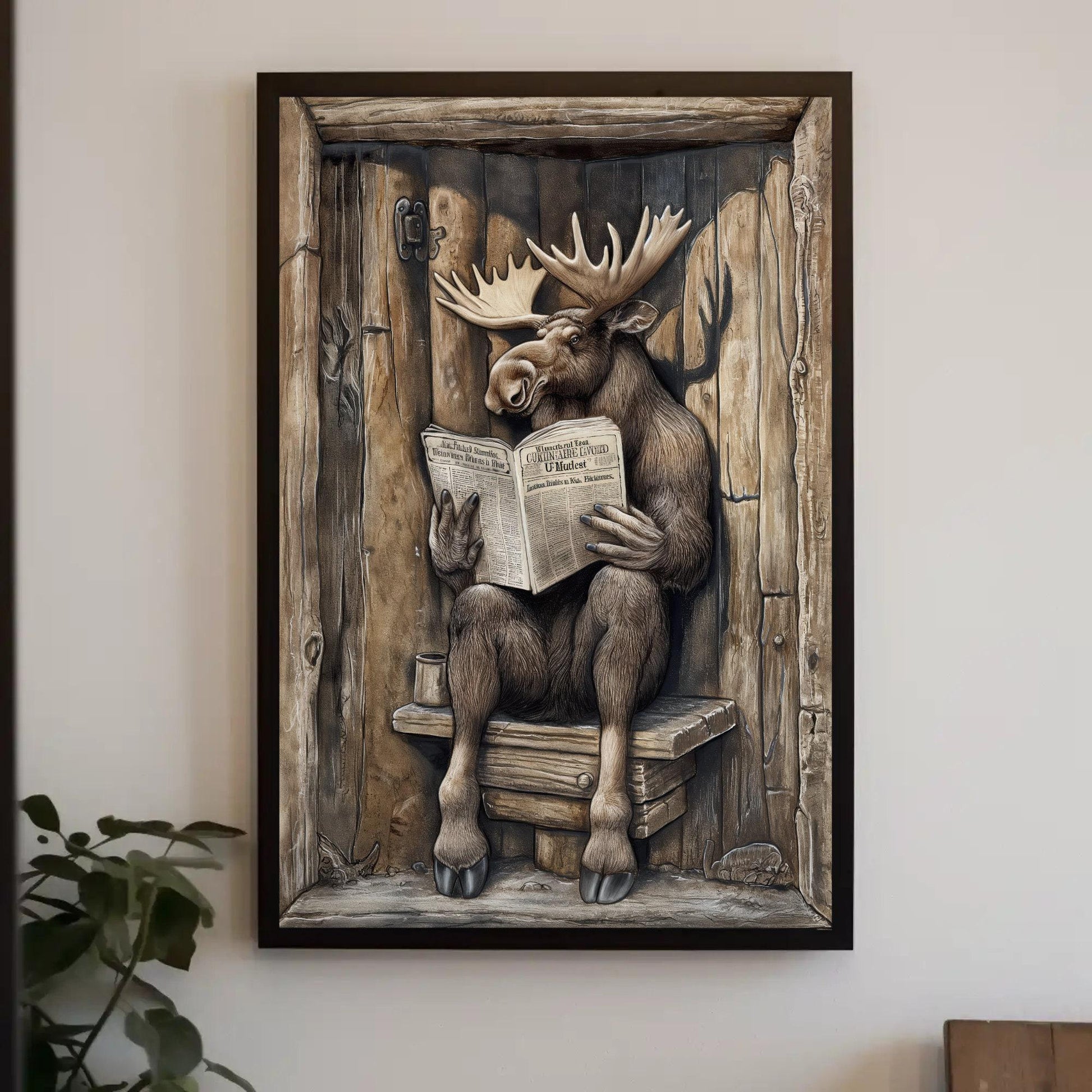 Moose sitting on a toilet reading newspaper canvas print, moose wall art, funny bathroom art, animals on toilet, rustic decor, toilet humor Wall Art – Canvas Print