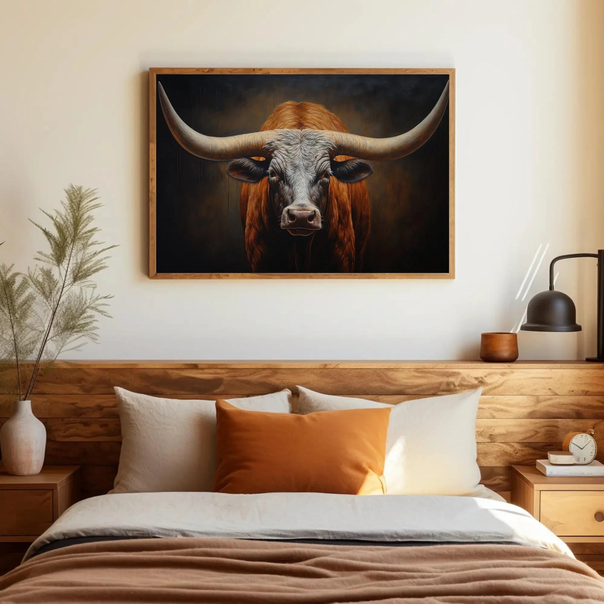 Texas Long Horn Large Wall Art, Rustic Cowboy Home Decor, Southwestern Art, Texas Longhorn Cow Canvas, Farmhouse Decor Wall Art – Canvas Print