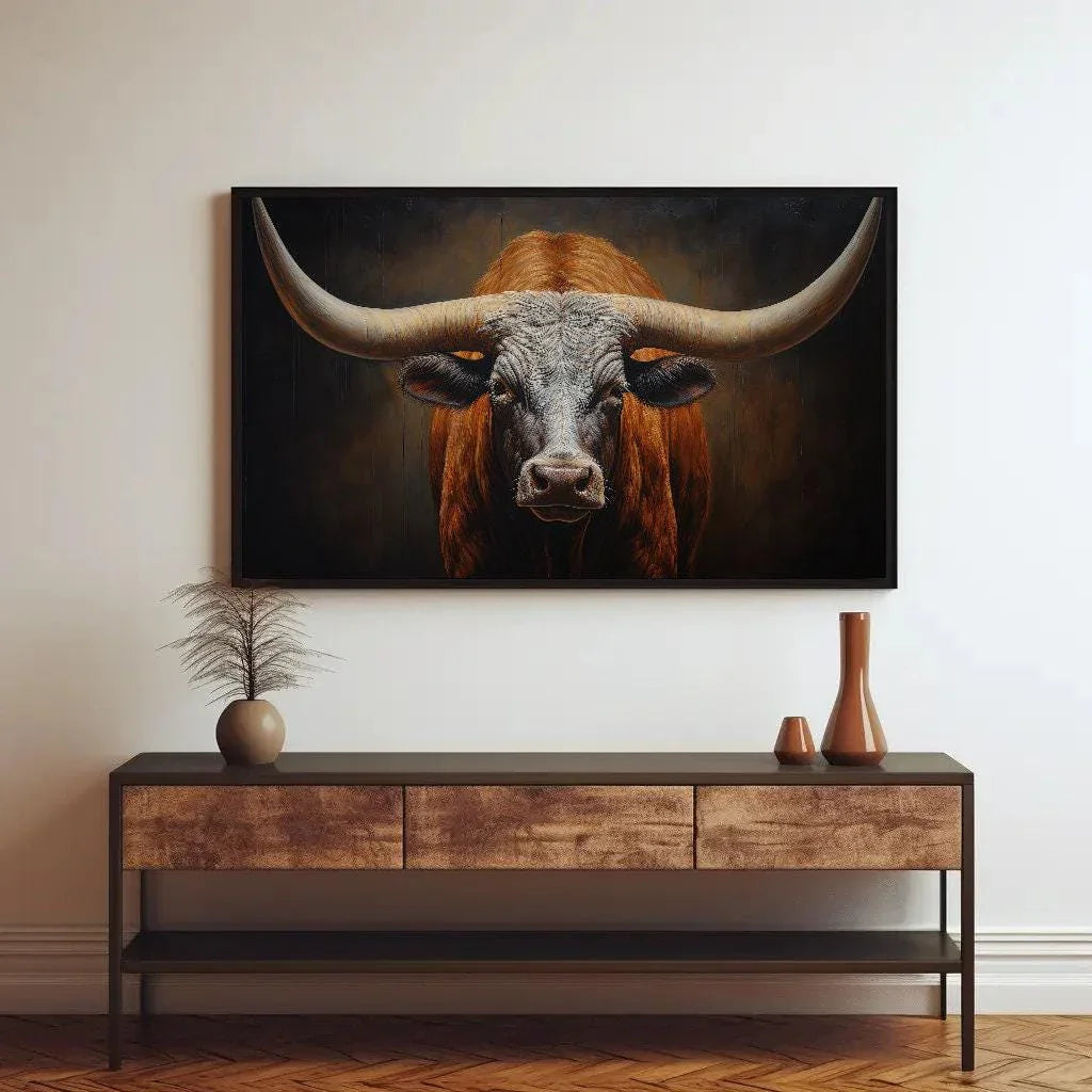 Texas Long Horn Large Wall Art, Rustic Cowboy Home Decor, Southwestern Art, Texas Longhorn Cow Canvas, Farmhouse Decor Wall Art – Canvas Print