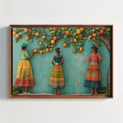 Three Mexican Girls Under Mango Tree 3D Illusion Canvas Wall Decor | Mexican Culture Wall Art | Colorful Mexican Art | Ready to Hang Wall Art – Canvas Print