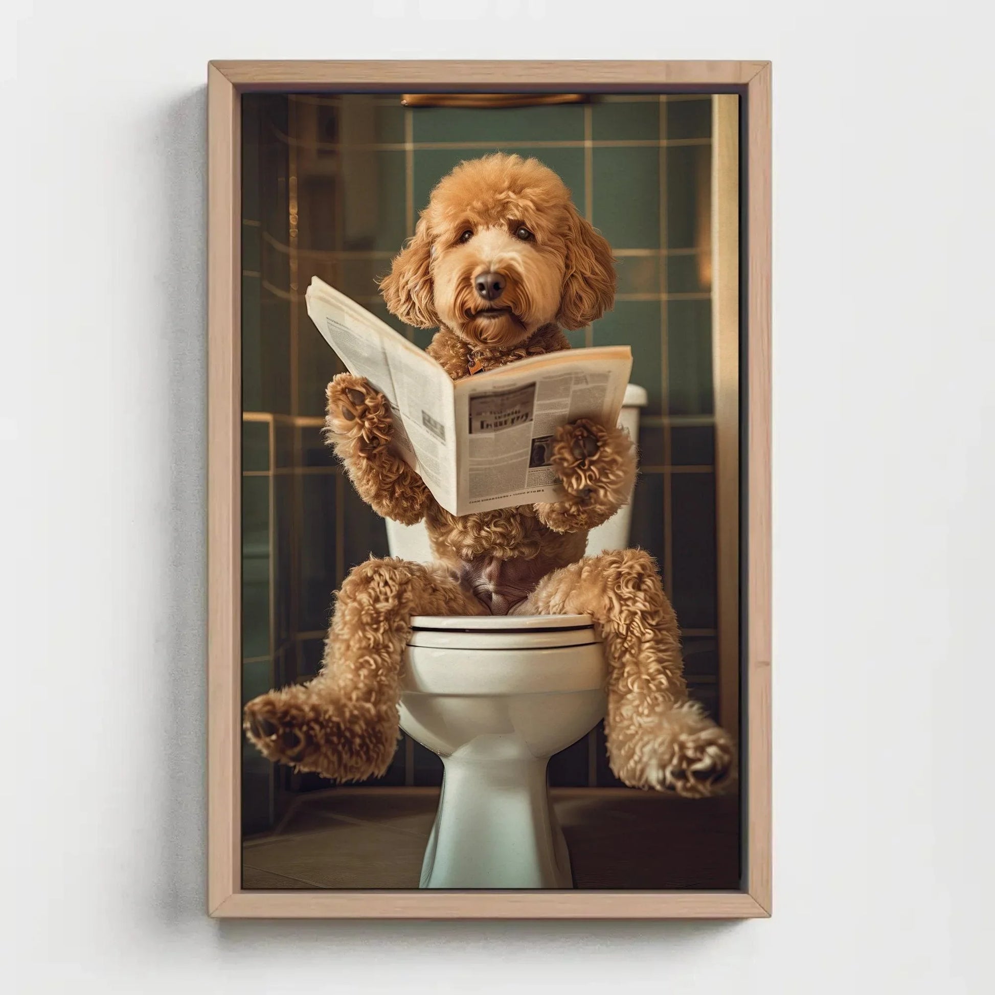 Golden doodle sitting on toilet reading newspaper canvas print, toilet humor, bathroom art, anniversary gift, restroom decor, funny gift Wall Art – Canvas Print