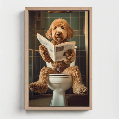 Golden doodle sitting on toilet reading newspaper canvas print, toilet humor, bathroom art, anniversary gift, restroom decor, funny gift Wall Art – Canvas Print