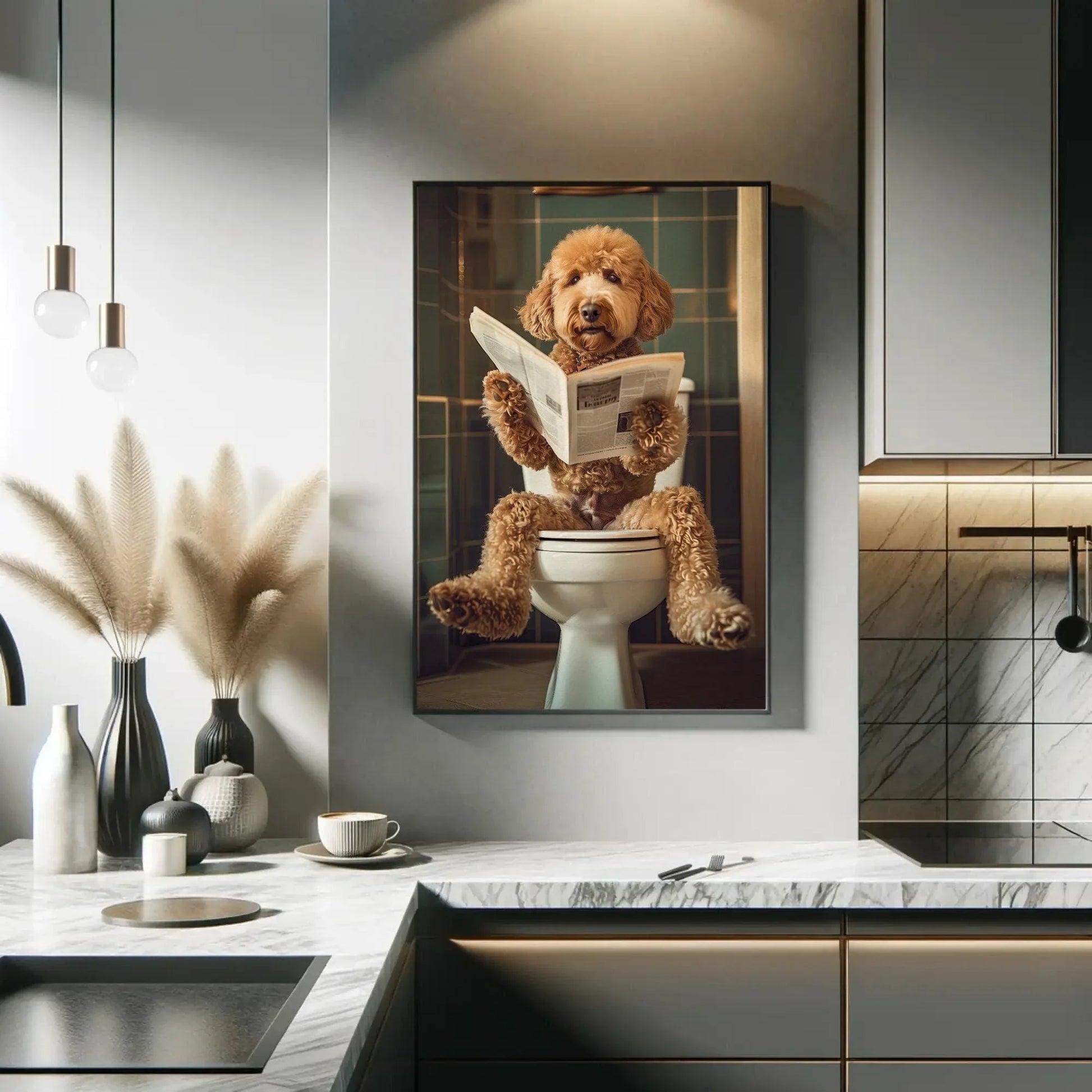 Golden doodle sitting on toilet reading newspaper canvas print, toilet humor, bathroom art, anniversary gift, restroom decor, funny gift Wall Art – Canvas Print