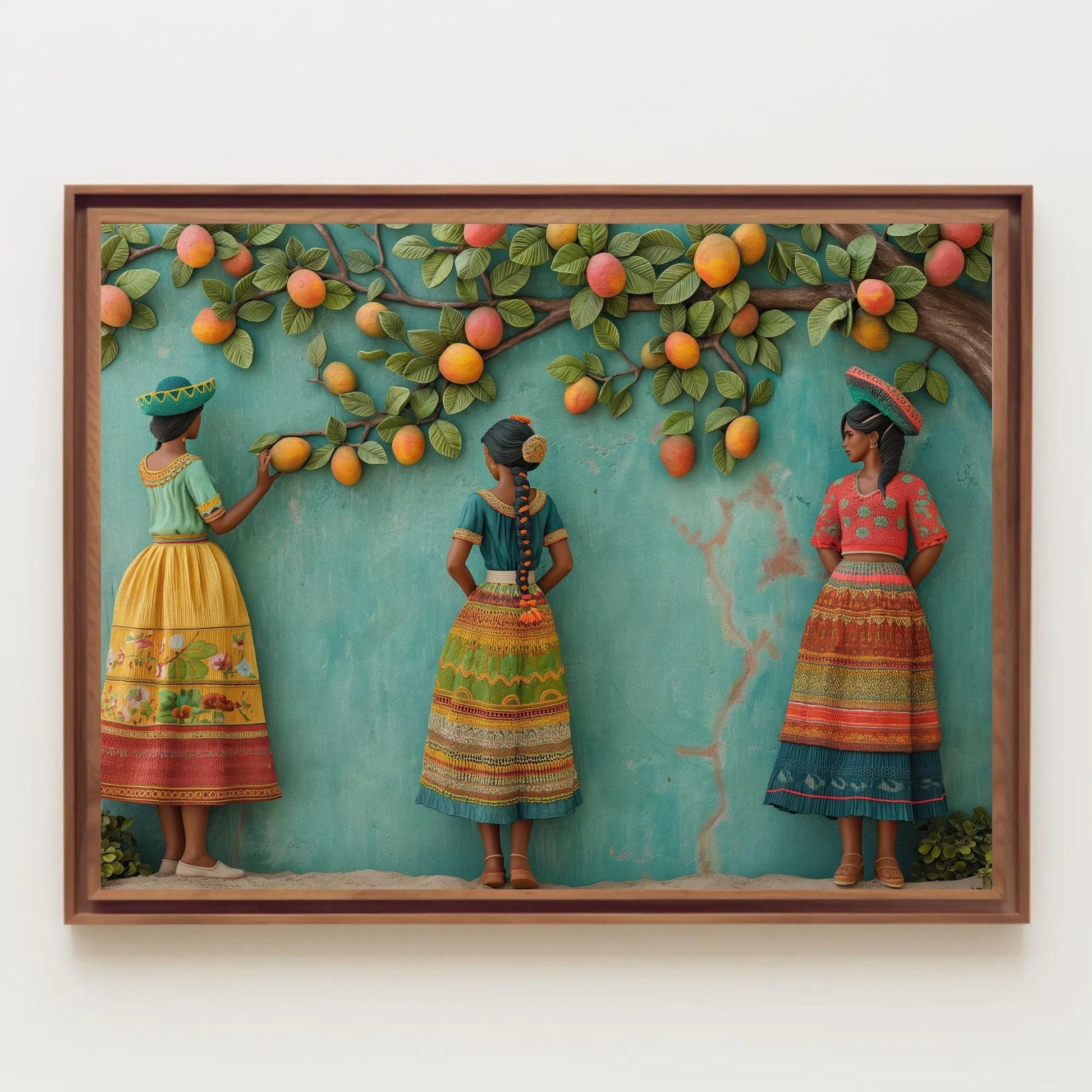 Three Mexican Girls Under Mango Tree 3D Illusion Canvas Wall Decor | Mexican Culture Wall Art | Colorful Mexican Art | Ready to Hang Wall Art – Canvas Print