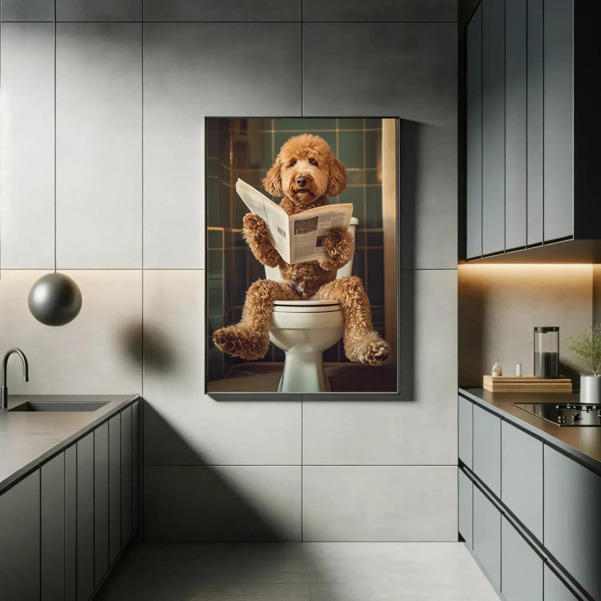 Golden doodle sitting on toilet reading newspaper canvas print, toilet humor, bathroom art, anniversary gift, restroom decor, funny gift Wall Art – Canvas Print