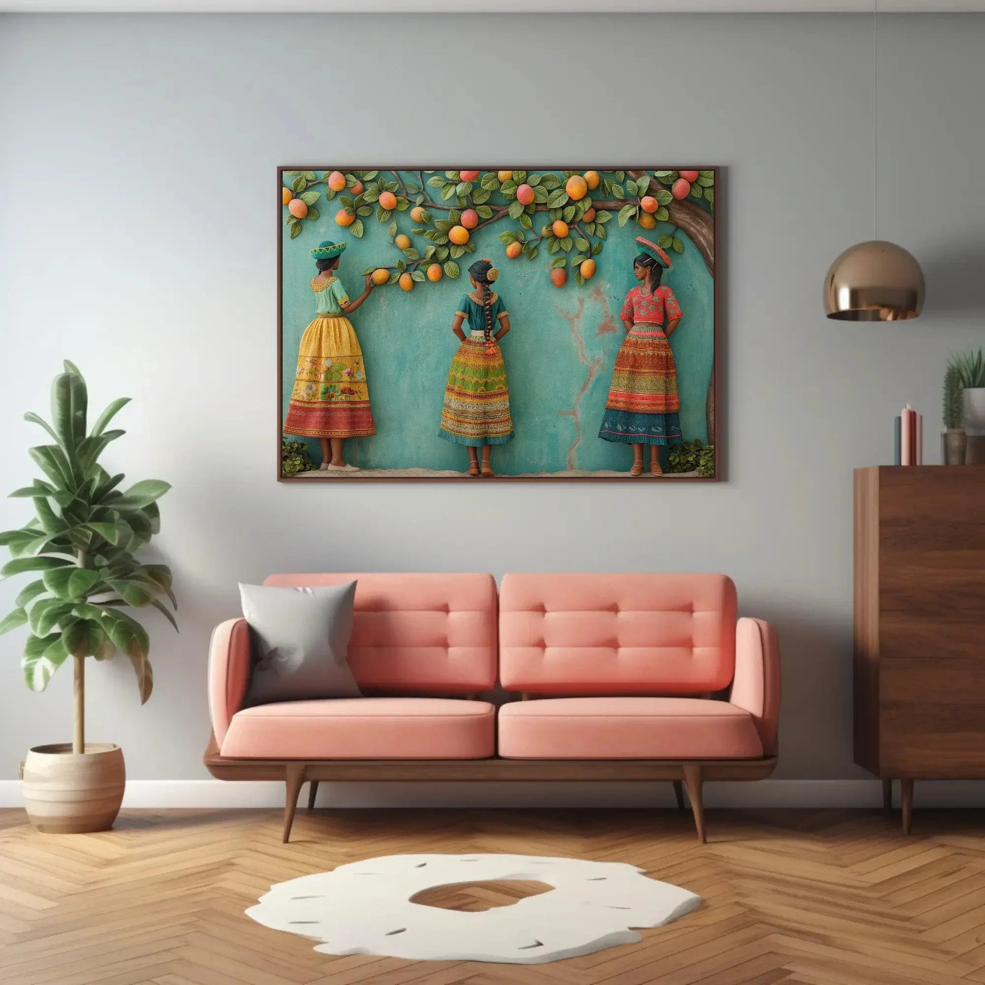 Three Mexican Girls Under Mango Tree 3D Illusion Canvas Wall Decor | Mexican Culture Wall Art | Colorful Mexican Art | Ready to Hang Wall Art – Canvas Print