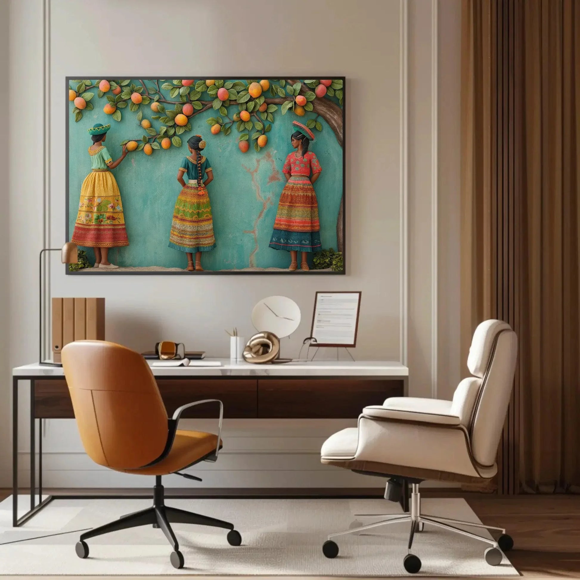 Three Mexican Girls Under Mango Tree 3D Illusion Canvas Wall Decor | Mexican Culture Wall Art | Colorful Mexican Art | Ready to Hang Wall Art – Canvas Print