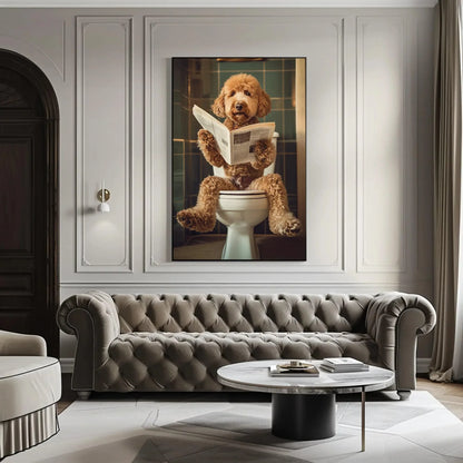 Golden doodle sitting on toilet reading newspaper canvas print, toilet humor, bathroom art, anniversary gift, restroom decor, funny gift Wall Art – Canvas Print