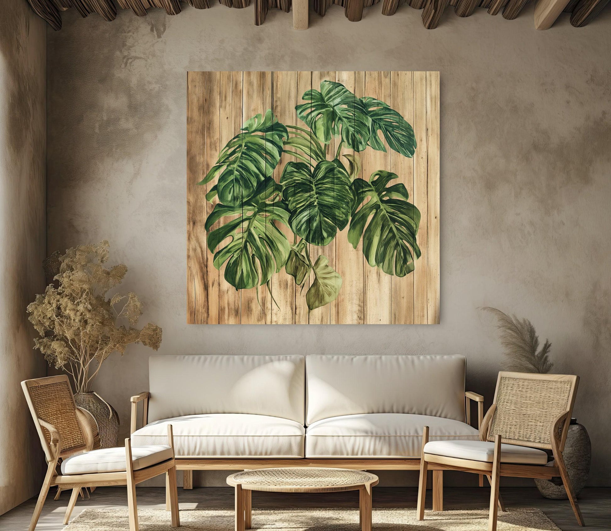 MONSTERA Plant Canvas Print Rustic Wood Background Botanical Wall Art Farmhouse Decor Gift for Plant Lovers Floral Design Entryway Decor Wall Art – Canvas Print