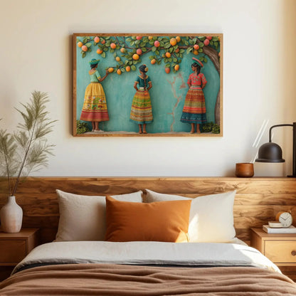 Three Mexican Girls Under Mango Tree 3D Illusion Canvas Wall Decor | Mexican Culture Wall Art | Colorful Mexican Art | Ready to Hang Wall Art – Canvas Print