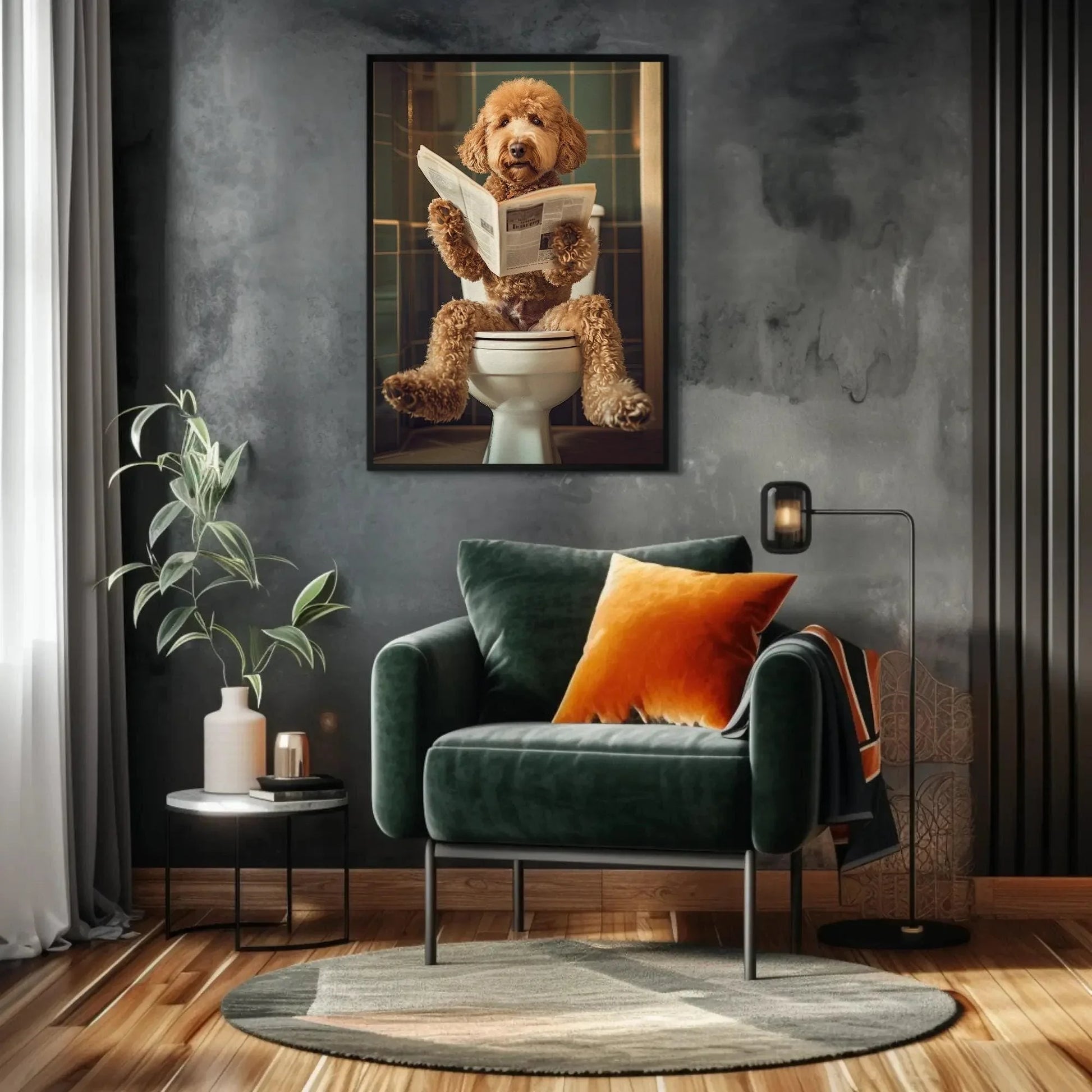 Golden doodle sitting on toilet reading newspaper canvas print, toilet humor, bathroom art, anniversary gift, restroom decor, funny gift Wall Art – Canvas Print