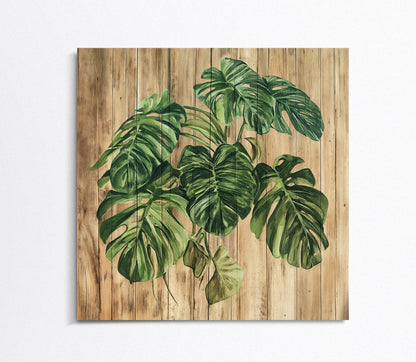 MONSTERA Plant Canvas Print Rustic Wood Background Botanical Wall Art Farmhouse Decor Gift for Plant Lovers Floral Design Entryway Decor Wall Art – Canvas Print